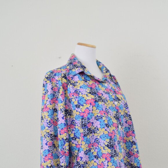 Vintage 80s Poly/Cotton Blue Floral Print Blouse |‎ size Large - Picture 4 of 10
